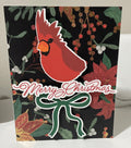 Christmas card with cardinal bird, wreath, and 'Merry Christmas' text on a dark background.